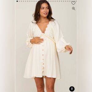 Pink Blush Beige Crochet Lace Button Front Maternity Dress